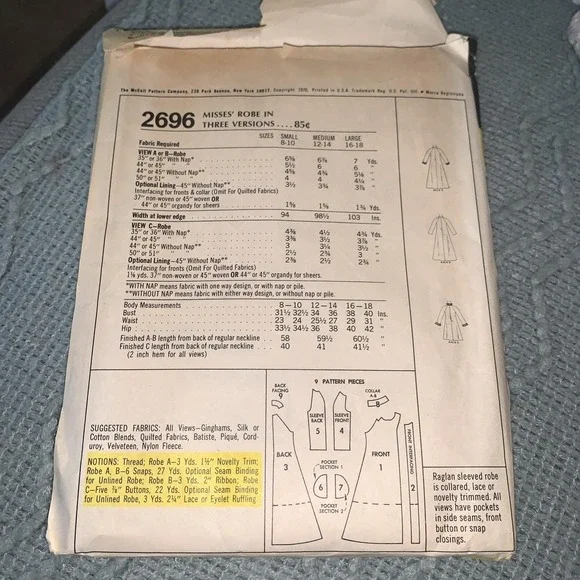 VINTAGE 1970s McCALLS 2696  Robe Misses ~ 3 Versions Sewing Pattern Sz Large Cut - Picture 2 of 2